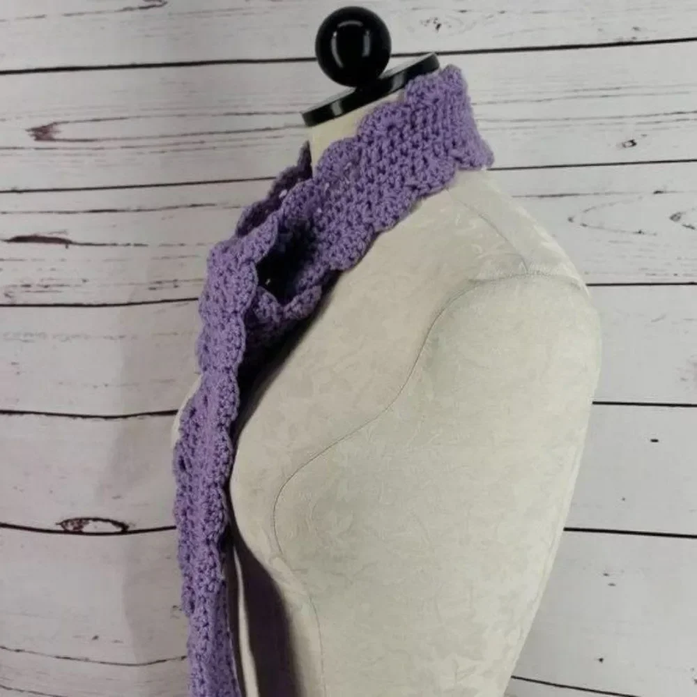Handmade Crochet Lavender Purple‎ Detailed Scalloped Edge Scarf Wrap